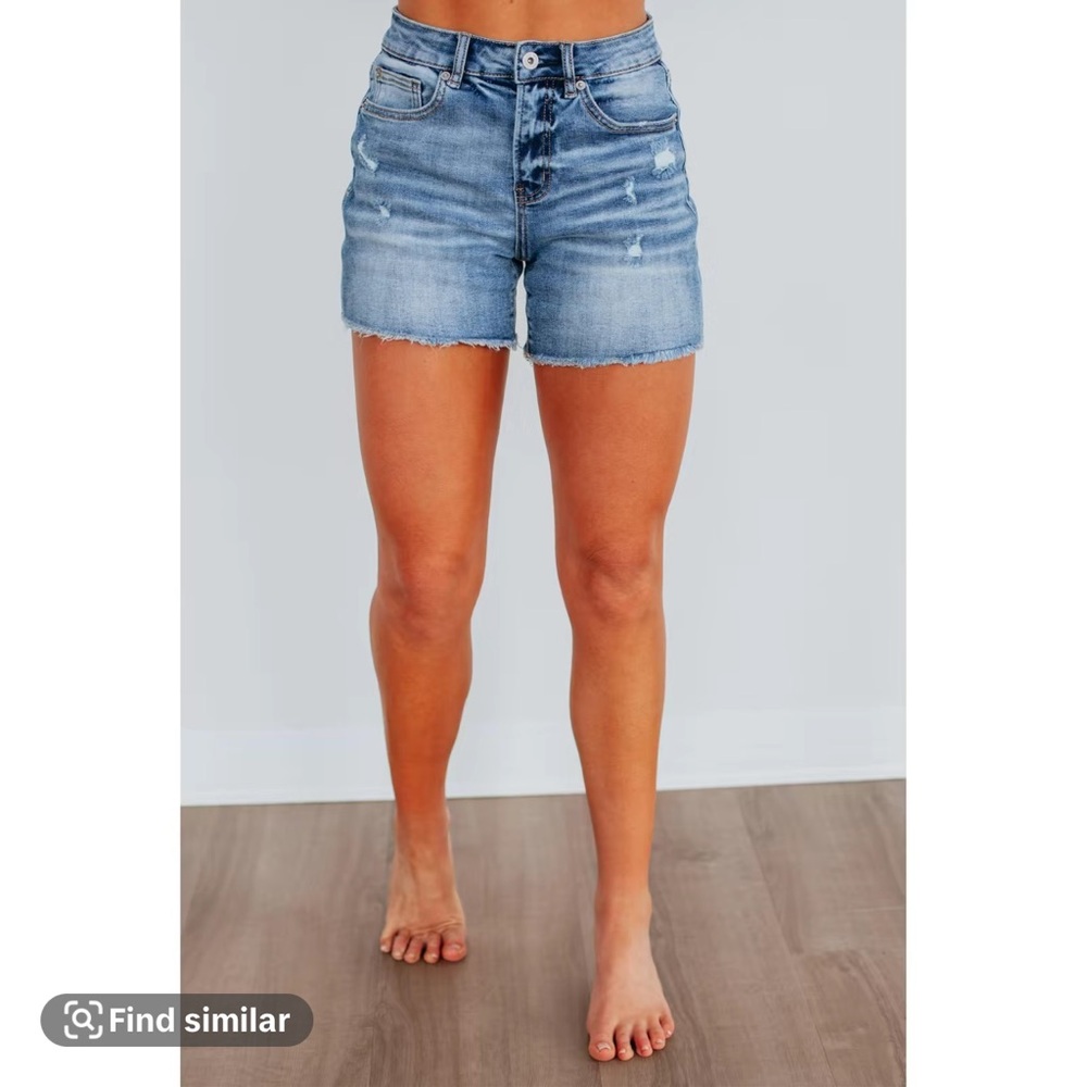 Blue Jean Shorts with Distressed Look and Cuffed Hem